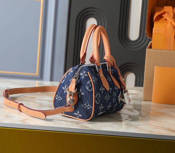 Monogram Flowers Denim Speedy 18 Bandouliere In Blue - Image 3