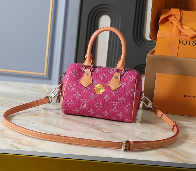 Monogram Flowers Denim Speedy 18 Bandouliere In Fuchsia - Image 2
