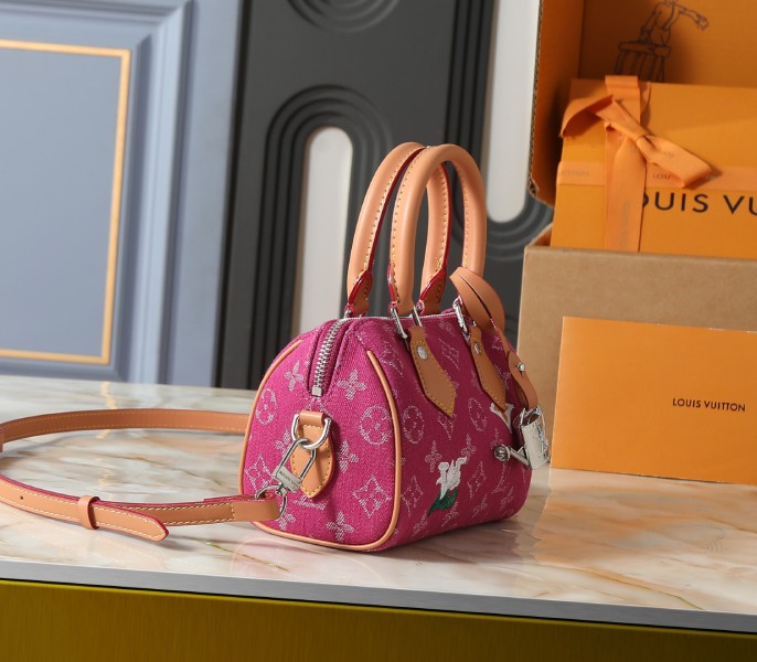 Monogram Flowers Denim Speedy 18 Bandouliere In Fuchsia - Image 3