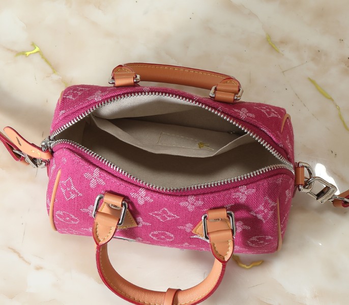 Monogram Flowers Denim Speedy 18 Bandouliere In Fuchsia - Image 5